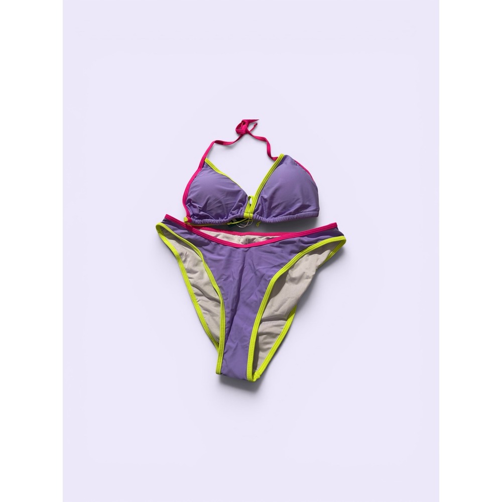 Tashehe Women Purple Neon Pink Green High Cut Triangle Bikini Set Large NEW